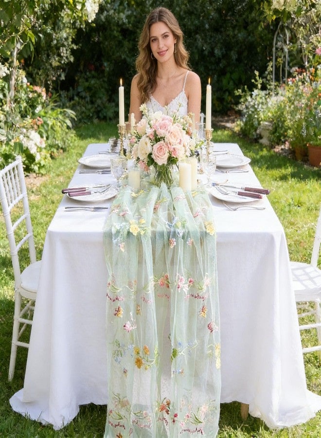 Finrray Wildflowers Table Runner 10ft/120 Inch Embroidery Flower Butterfly Spring Summer Floral Tulle Lace Runner for Wedding Bridal Baby Shower Holiday Dining Decor DIY (Green) - Image 3