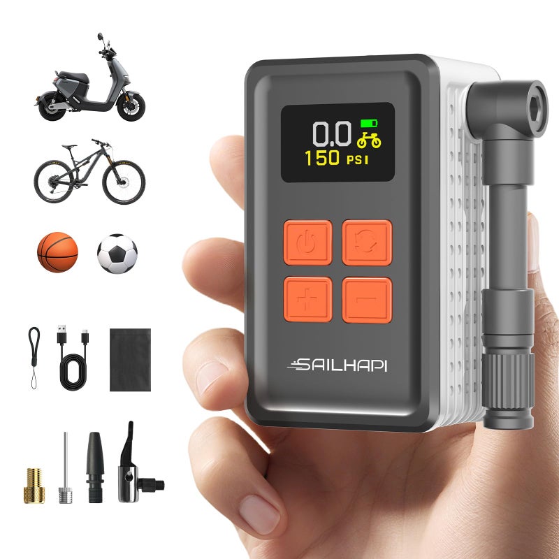SAILHAPI Mini Bike Tire Pump (150PSI Fast Inflation with Guage) (Presta and Schrader Valve) Portable Electric Air Pump for Road and Mountain Bicycle, E-Bike, Motorcycle, Sports Ball - Image 1