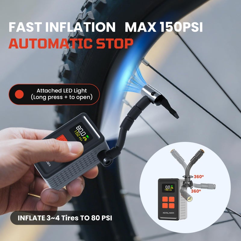 SAILHAPI Mini Bike Tire Pump (150PSI Fast Inflation with Guage) (Presta and Schrader Valve) Portable Electric Air Pump for Road and Mountain Bicycle, E-Bike, Motorcycle, Sports Ball - Image 2