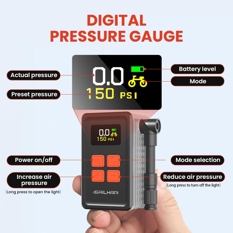 SAILHAPI Mini Bike Tire Pump (150PSI Fast Inflation with Guage) (Presta and Schrader Valve) Portable Electric Air Pump for Road and Mountain Bicycle, E-Bike, Motorcycle, Sports Ball - Image 5