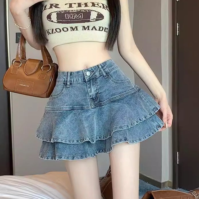 Denim Skirt Women'S Cake Skirt A- Line Miniskirt Pants High Waist Design Sense Niche Hip Girl Short Skirt - Image 3