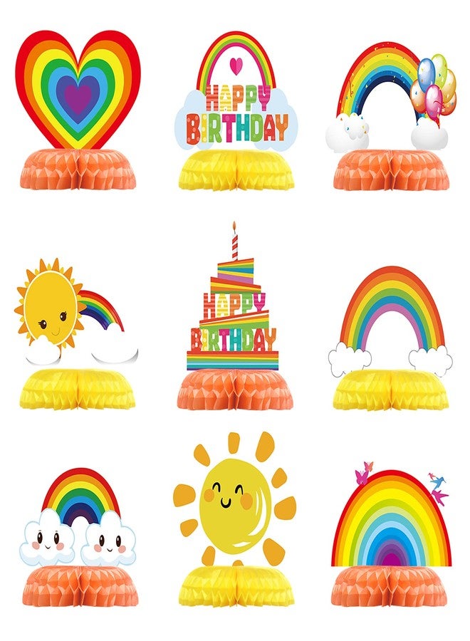 Leinuosen 9 Pieces Rainbow Birthday Decorations Honeycomb Party Table Decorations Colorful Cloud, Sun, Heart Balloon, Happy Birthday Centerpieces for Tables, Rainbow Party Decor for Baby Showers - Image 1