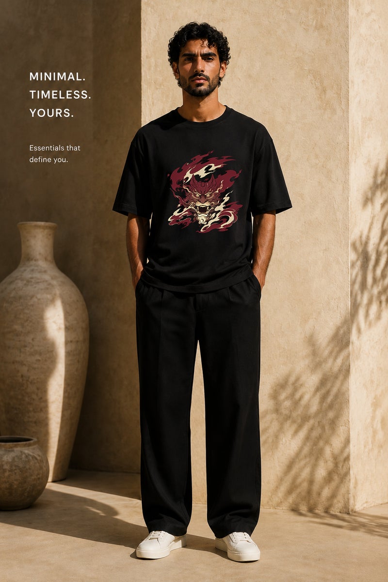 Men's Oversized Black Oni Graphic T-Shirt Casual Short Sleeve Crew Neck Streetwear Tee - Image 2