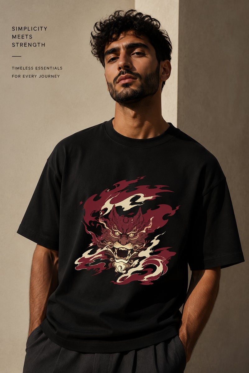 Men's Oversized Black Oni Graphic T-Shirt Casual Short Sleeve Crew Neck Streetwear Tee - Image 1