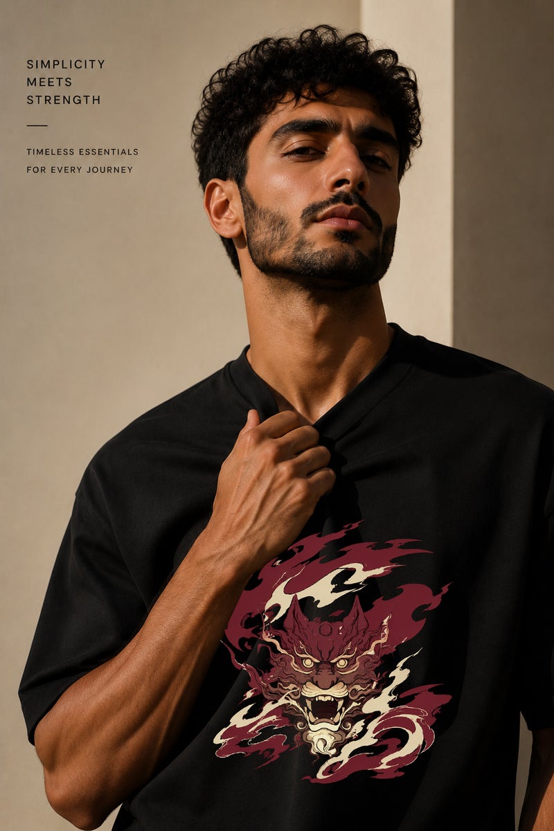 Men's Oversized Black Oni Graphic T-Shirt Casual Short Sleeve Crew Neck Streetwear Tee - Image 5
