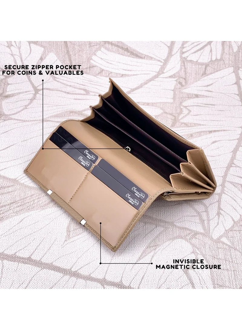 Classic Milano Khaki (JFL-4-87201-103) Classic Milano Premium Faux Leather Long Wallet for Women with Magnetic Closure | Ladies Wallet Card Holder Purse | Slim Women's Wallet for Daily Use, Travel, and Gifting for Women | Best Price UAE