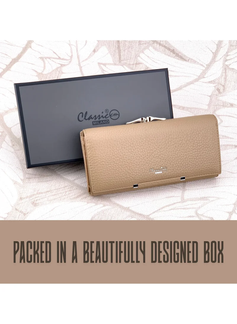 Classic Milano Khaki (JFL-4-87201-103) Classic Milano Premium Faux Leather Long Wallet for Women with Magnetic Closure | Ladies Wallet Card Holder Purse | Slim Women's Wallet for Daily Use, Travel, and Gifting for Women | Best Price UAE