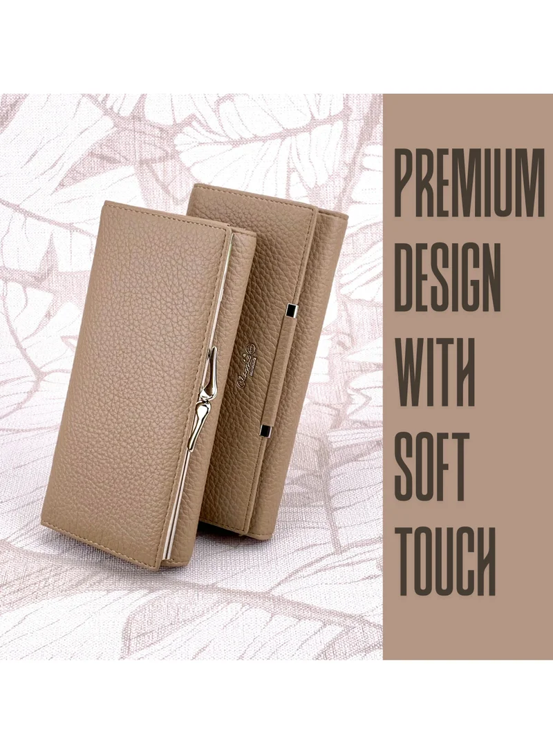 Classic Milano Khaki (JFL-4-87201-103) Classic Milano Premium Faux Leather Long Wallet for Women with Magnetic Closure | Ladies Wallet Card Holder Purse | Slim Women's Wallet for Daily Use, Travel, and Gifting for Women | Best Price UAE