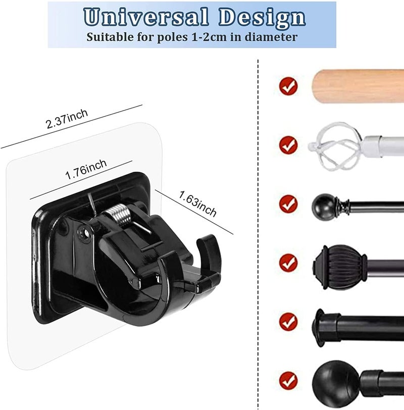 ELMVIA No Drill Curtain Rod Brackets No Drilling Self Adhesive Curtain Rod Holder Hooks Nail Free Adjustable Curtain Rod Hooks Curtain Hangers for Kitchen Home Bathroom and Hotel (Black, 2PCS) - Image 2