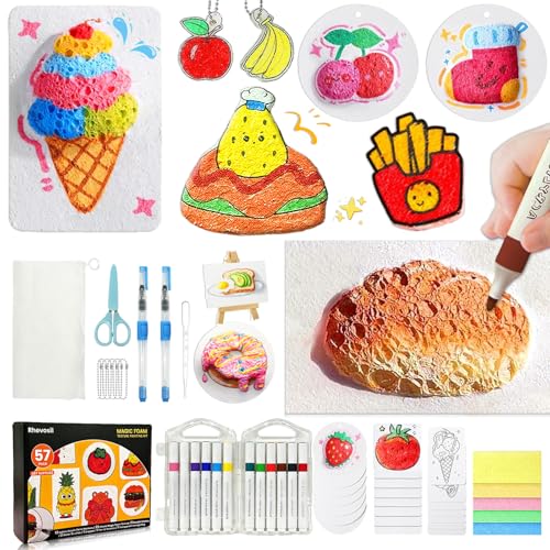 Rhevosil 57 Pcs Magic Foam Texture Painting Kit, Arts and Crafts for Girls 4-6-8-10, 3D Effect Texture Painting Set, DIY Bubble Drawing Pens Art Supplies, Puffy Magic Paint Set - Image 1