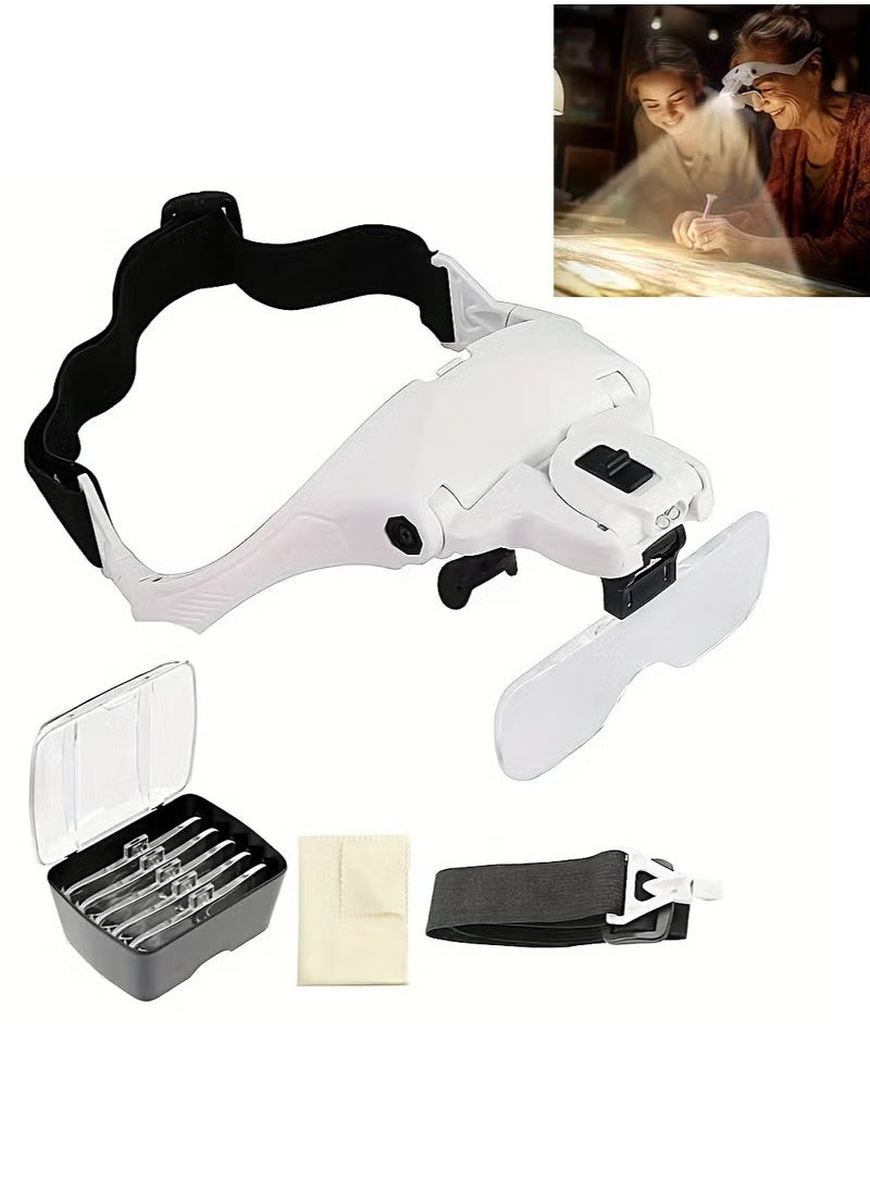 XiuWoo Head‑mounted Magnifier Rechargeable Headband Magnifying Glass Adjustable 5 Lens Loupe LED Light Headband Magnifier Glass with Lamp for Diamond Painting Embroidery Repair Clock jewelry  - Image 1
