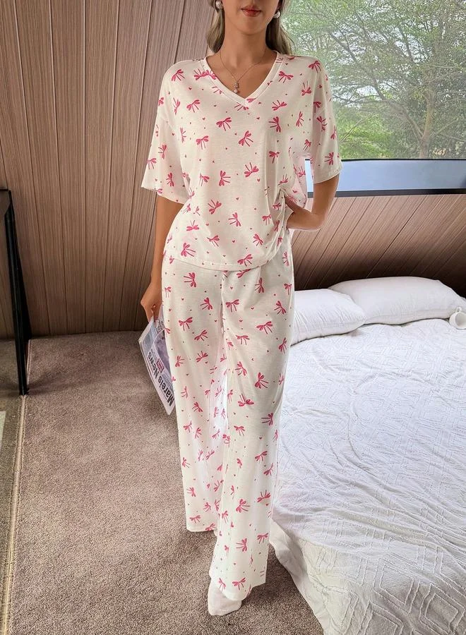 Take Two White Bow Print T-Shirt and Pyjama Set
