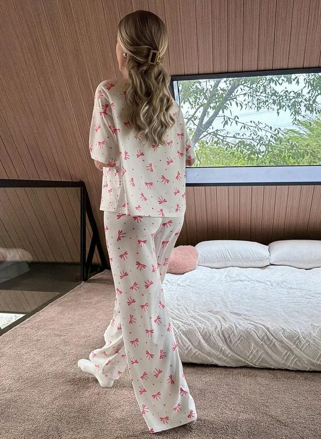 Take Two White Bow Print T-Shirt and Pyjama Set