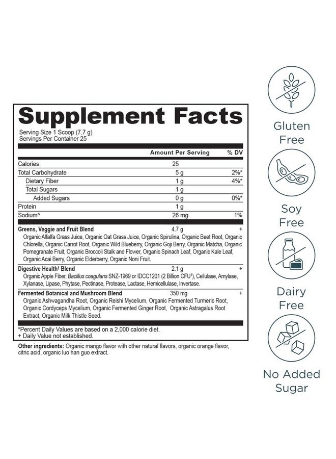 آينشنت نيوترشن مسحوق سوبر جرينز من Ancient Nutrition مع البروبيوتيك، خضراوات عضوية بنكهة المانجو، مصنوعة من فواكه وخضراوات وأعشاب حقيقية، تدعم الهضم والطاقة، 25 حصة، 6.8 أونصة - Image 1