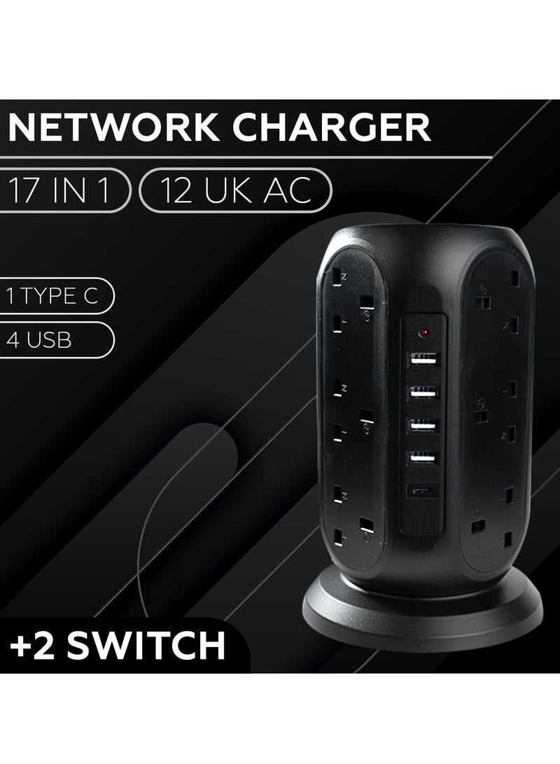 ECVV AMROAH 3M Cord Extension Tower Strip 12 Outlets 4 USB A 1 Type C 2 Switch, Surge Protector Multi Extension Tower Lead Multiplug Socket, Extension Cord with Multiple Plug for Home Office Dorm - Image 1