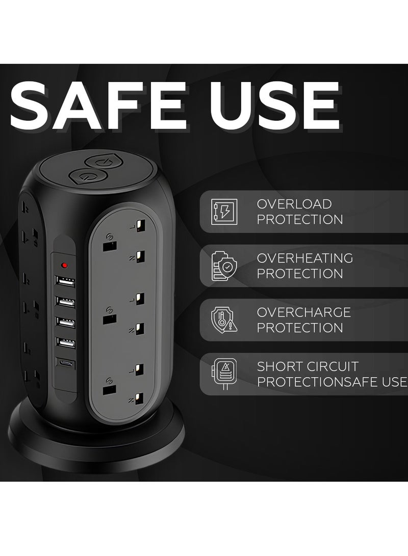 ECVV AMROAH 3M Cord Extension Tower Strip 12 Outlets 4 USB A 1 Type C 2 Switch, Surge Protector Multi Extension Tower Lead Multiplug Socket, Extension Cord with Multiple Plug for Home Office Dorm - Image 5