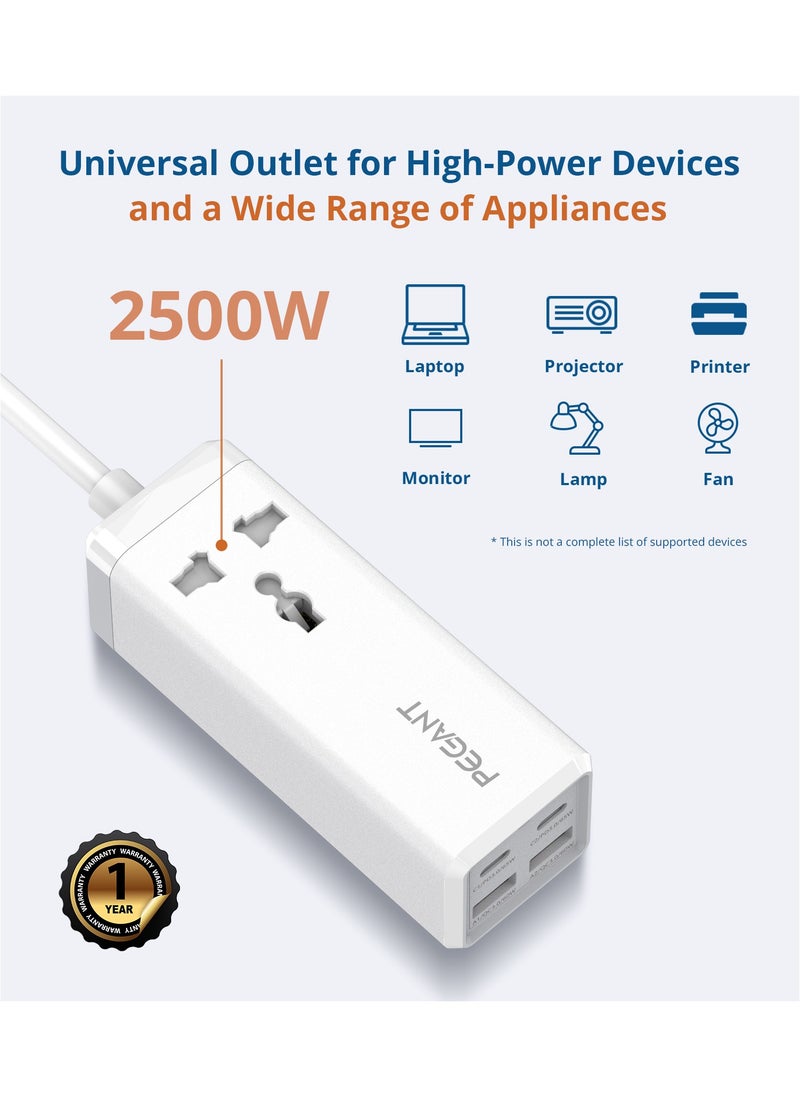 PEGANT - 65W Power Extension Cord with USB, 2x USB-C PD, 2x USB-A QC Fast Charger Adapter, 1 Way Universal Plug Socket Outlet, Quick Charging Surge Protector, 2M Cable Type C USB Charger - Image 1