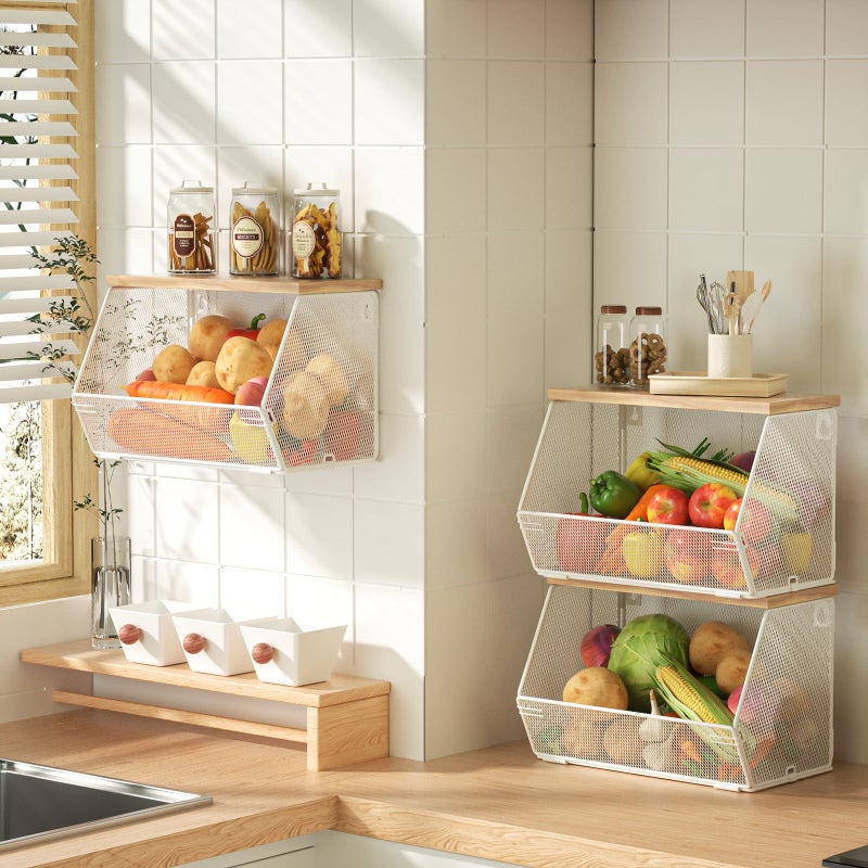 Litwaro 3 Pack Fruit Basket for Kitchen  Stackable Fruit Bowl for Potato and Onion Storage  Wall Mounted Wire Basket with Wood Lid for Fruit and Vegetable Storage  Hanging Pantry Storage Snack Organizer - Image 1