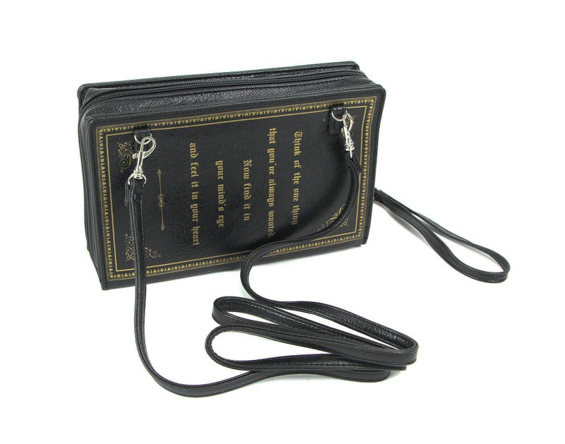 Things2Die4 Black Vinyl Beauty and the Beast Book Handbag Novelty Clutch Purse Crossbody Bag - Image 2
