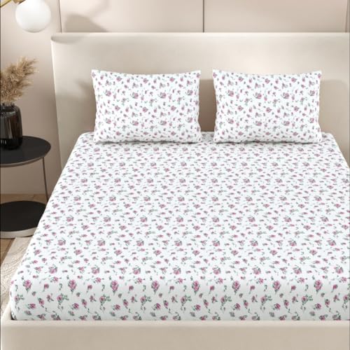 Plumora Double Bed Cotton Bedsheet Queen Size 90x100, 100% Pure Cotton Bed Sheet with 2 Pillow Covers, 240 TC Soft Breathable Floral Design – (Pink Floral, Double) - Image 2