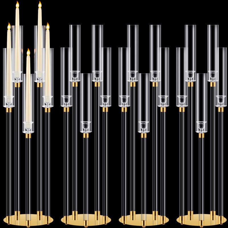 Barydat 4 Pcs Acrylic Candelabra Centerpieces Clear Candle Taper Candlestick Holder Crystal 5 Arm Candlesticks Holder with Acrylic Shade Pillar Fit 087 LED Candle for Wedding Dinner Party Gold