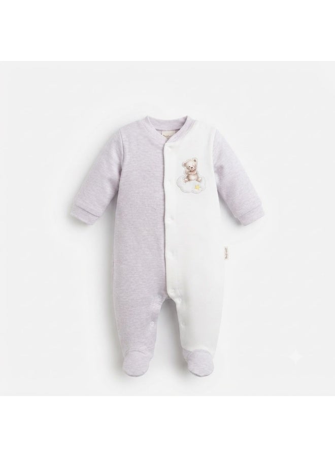 Berceau Baby Footed Sleepsuit Romper, purple& White with Bear Print - Image 1