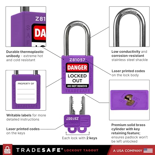 TRADESAFE Lockout Tagout Locks Set - 10 Purple Keyed Alike Padlocks, 2 Keys Per Lock, OSHA Compliant Loto Locks for Lock Out Tag Out Stations, Premium Grade - Image 5