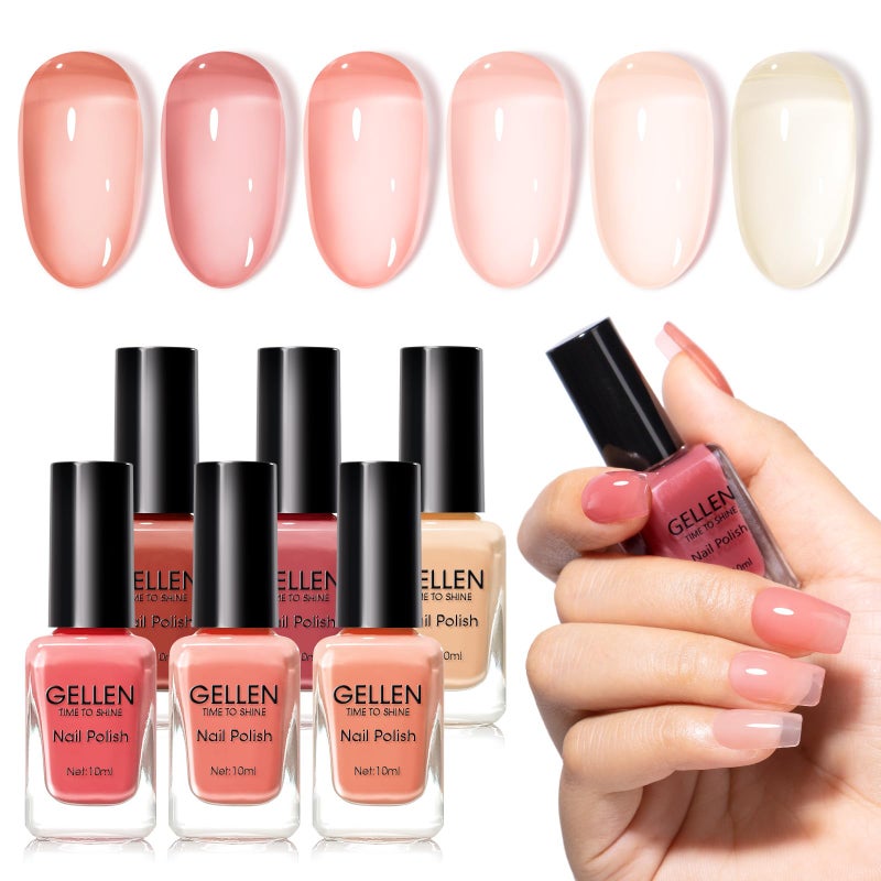 GELLEN Clear Pink Nail Polish, Sheer Pink Jelly Natural Regular Nail Polish Quick Dry Summer 6 Light Colors Set for Acrylic Natural Nails Home Salon, Chip Resistant, Non UV Gel, Hema Free, Non Toxic - Image 1