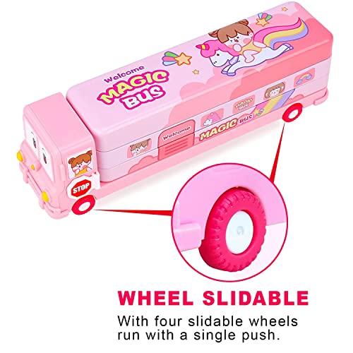 FAMOUS QUALITY® 2 in 1 - Cartoon Printed School Bus Metal Pencil Box with Moving Tyres and Sharpener for Kids | Geometry Box (Color-Pink) - Image 5