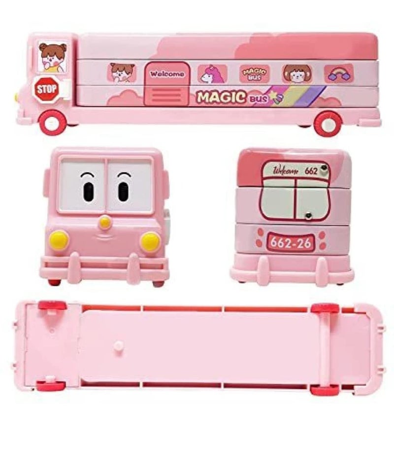 FAMOUS QUALITY® 2 in 1 - Cartoon Printed School Bus Metal Pencil Box with Moving Tyres and Sharpener for Kids | Geometry Box (Color-Pink) - Image 2
