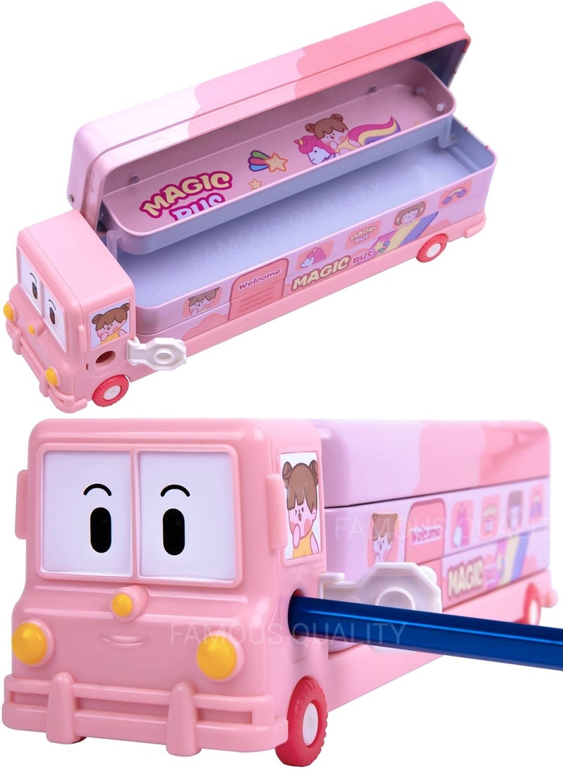 FAMOUS QUALITY® 2 in 1 - Cartoon Printed School Bus Metal Pencil Box with Moving Tyres and Sharpener for Kids | Geometry Box (Color-Pink) - Image 1