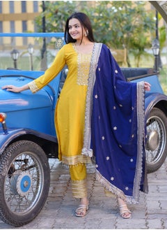 Super Asian Yellow Blue Colour Chinnon Readymade Embroidered Designer Suit Set with Embroidered Dupatta  - Image 1