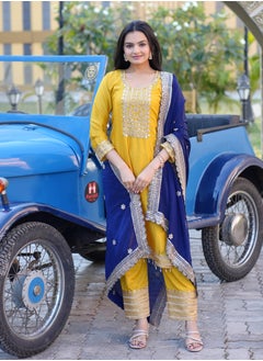 Super Asian Yellow Blue Colour Chinnon Readymade Embroidered Designer Suit Set with Embroidered Dupatta  - Image 2