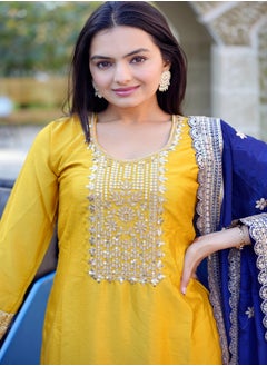 Super Asian Yellow Blue Colour Chinnon Readymade Embroidered Designer Suit Set with Embroidered Dupatta  - Image 3