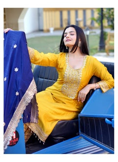 Super Asian Yellow Blue Colour Chinnon Readymade Embroidered Designer Suit Set with Embroidered Dupatta  - Image 5