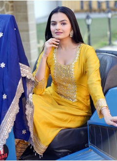 Super Asian Yellow Blue Colour Chinnon Readymade Embroidered Designer Suit Set with Embroidered Dupatta  - Image 4