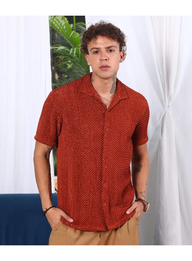 CAHOOT  Men's Terracotta Brown Puffy-Textured Shirt For Casual Wear | Cuban Collar | Short Sleeve | Button Closure | Shirt Crafted With Comfort Fit For Everyday Wear for Men | Best Price UAE