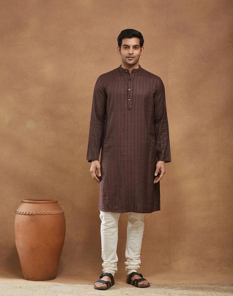 فاب انديا Wine Viscose Blend Dobby Slim Fit Long Kurta