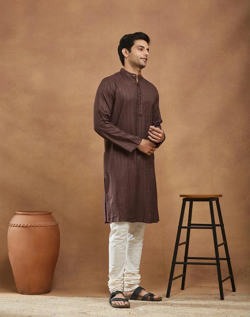 فاب انديا Wine Viscose Blend Dobby Slim Fit Long Kurta