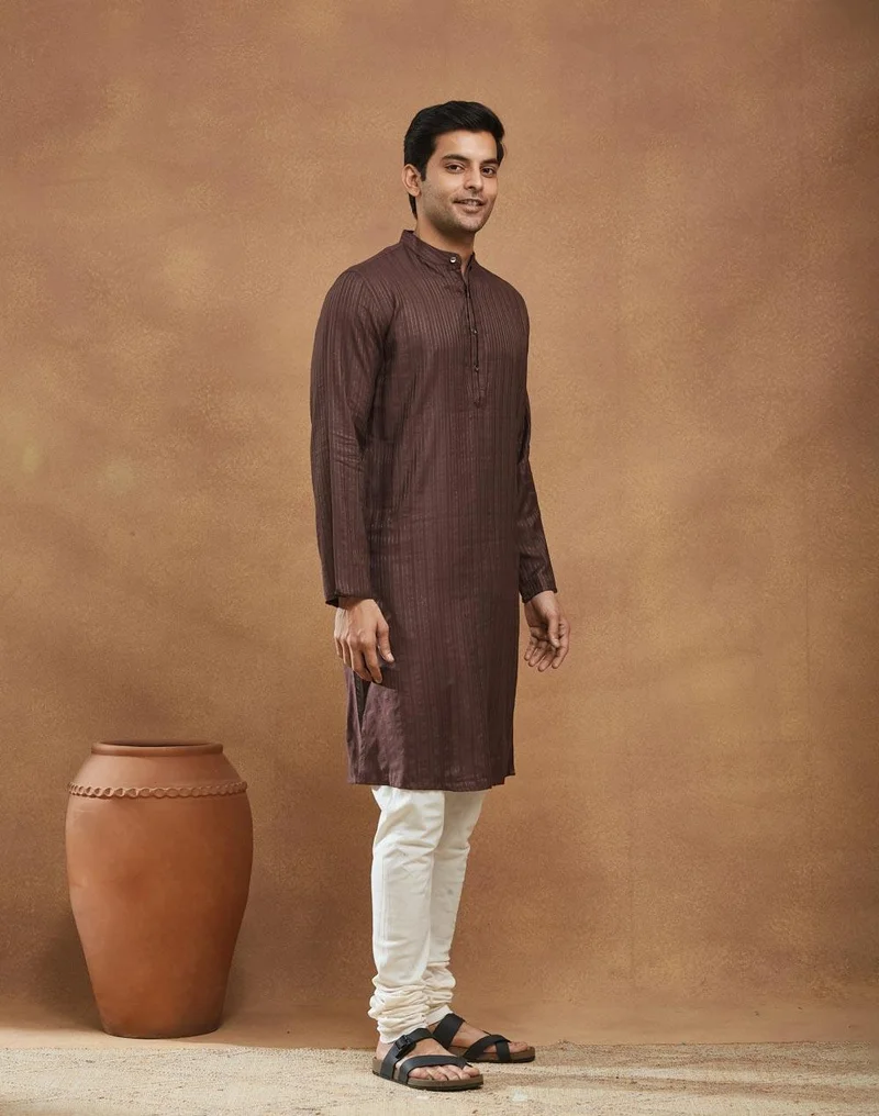 Fabindia Wine Viscose Blend Dobby Slim Fit Long Kurta