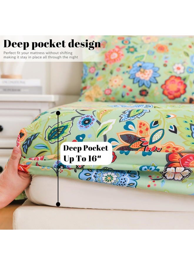 Bedlifes California King Sheet Set Ultra Soft, Breathable, Silky Flower Deep Pocket 100% Microfiber Bedding, 4 Piece Cal King Size with Floral Sage Green - Image 4