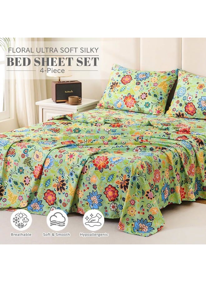 Bedlifes California King Sheet Set Ultra Soft, Breathable, Silky Flower Deep Pocket 100% Microfiber Bedding, 4 Piece Cal King Size with Floral Sage Green - Image 2