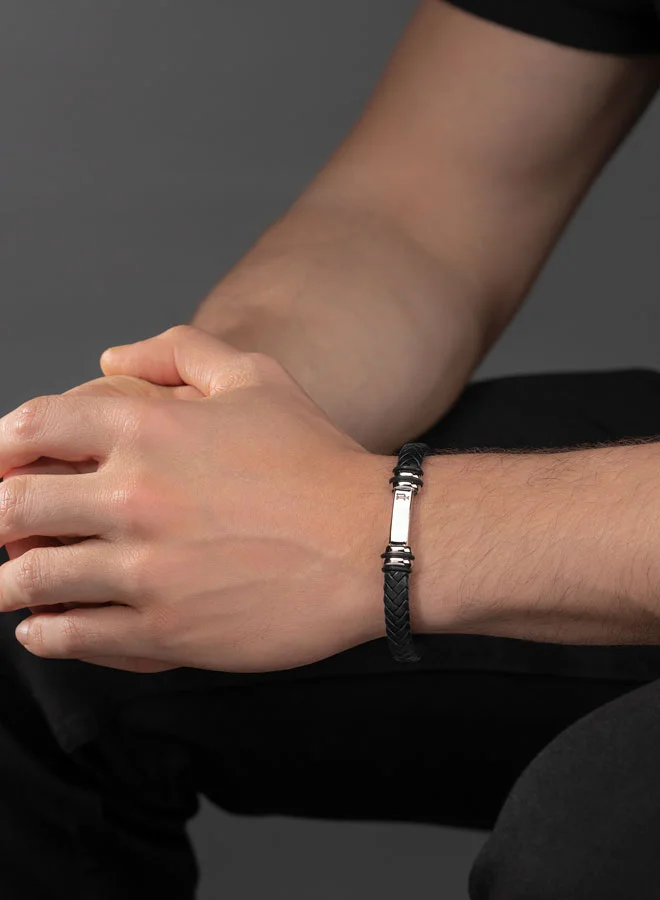 POLICE Highbridge BraceletBraided Black Leather with Adjustable Stainless Steel ClipMen's Rugged and Refined  Style