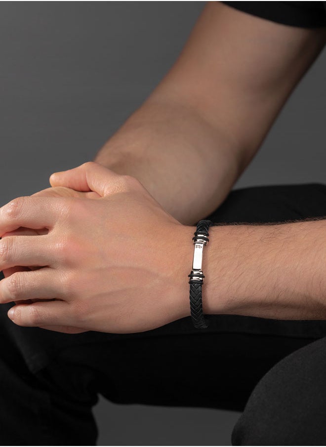POLICE - Highbridge BraceletBraided Black Leather with Adjustable Stainless Steel ClipMen's Rugged and Refined  Style - Image 1