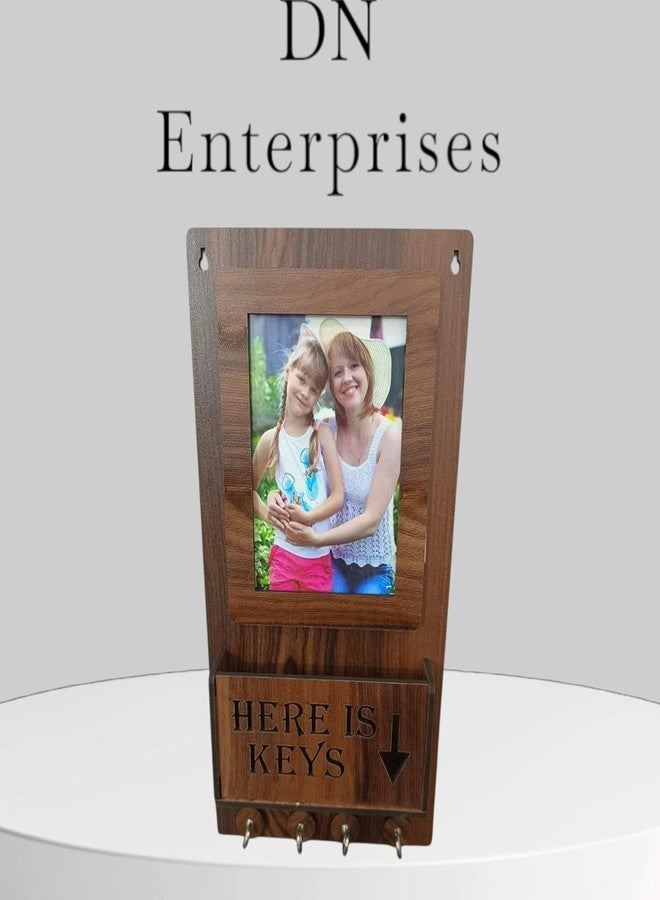 DN Enterprises حامل مفاتيح خشبي بتصميم إطار صور من دي إن إنتربرايزز، مزود بأربعة خطافات (25 سم × 20 سم × 5 سم) | حامل مفاتيح للمنزل والمكتب، لون بني - Image 4
