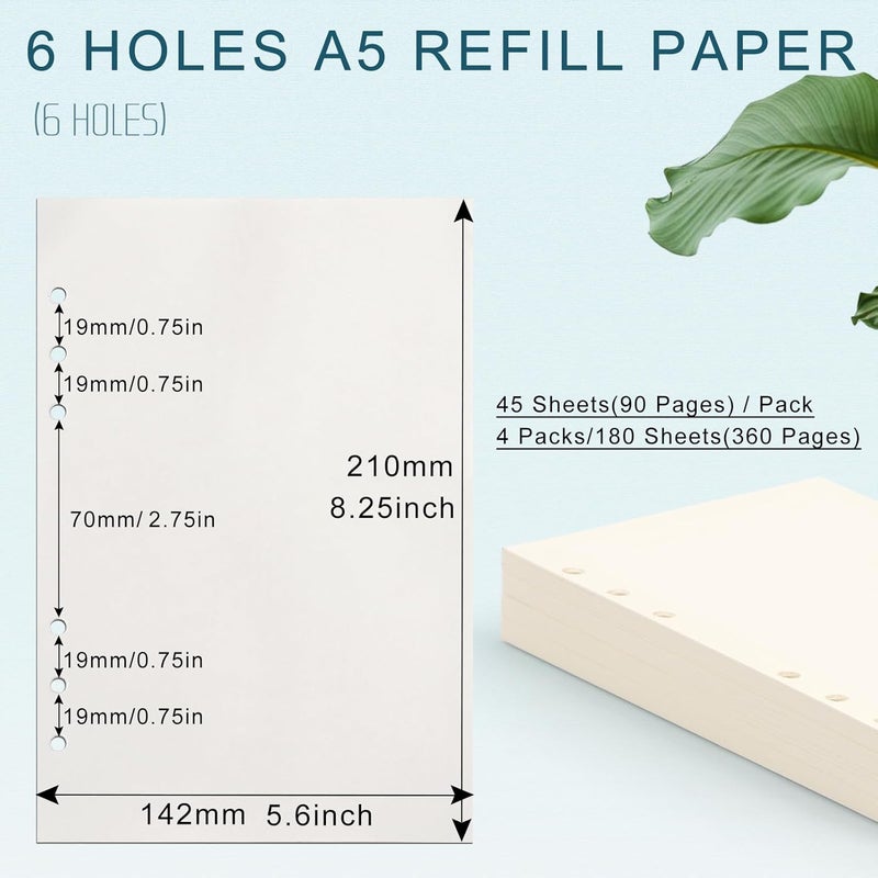 Toplive A5 Refill Paper, [4 Pack] 100GSM Thick 6 Hole Filler Inserts for 6 Ring Binder Journal Notebook - 180 Sheets (360 Pages), Blank - Image 2