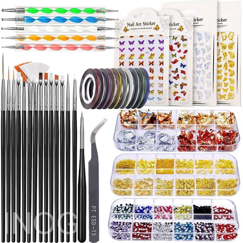 INOG Nail Art Stamping Kit 3D Nail Art Tools with Pen Brush Painting Polish Design Kit Nail Art Stickers Nail Foil Tape Strips and Nails Art Rhinestones - Image 1