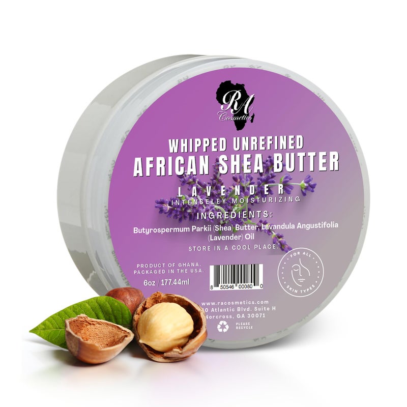 RA COSMETICS Whipped Shea Butter Lavender â€“ 6oz | 100% Pure and Natural African Shea Butter for Men & Women - Ultimate Handcrafted Moisturizer with Essential Vitamins for Radiant Skin & Luscious Hair - Image 1