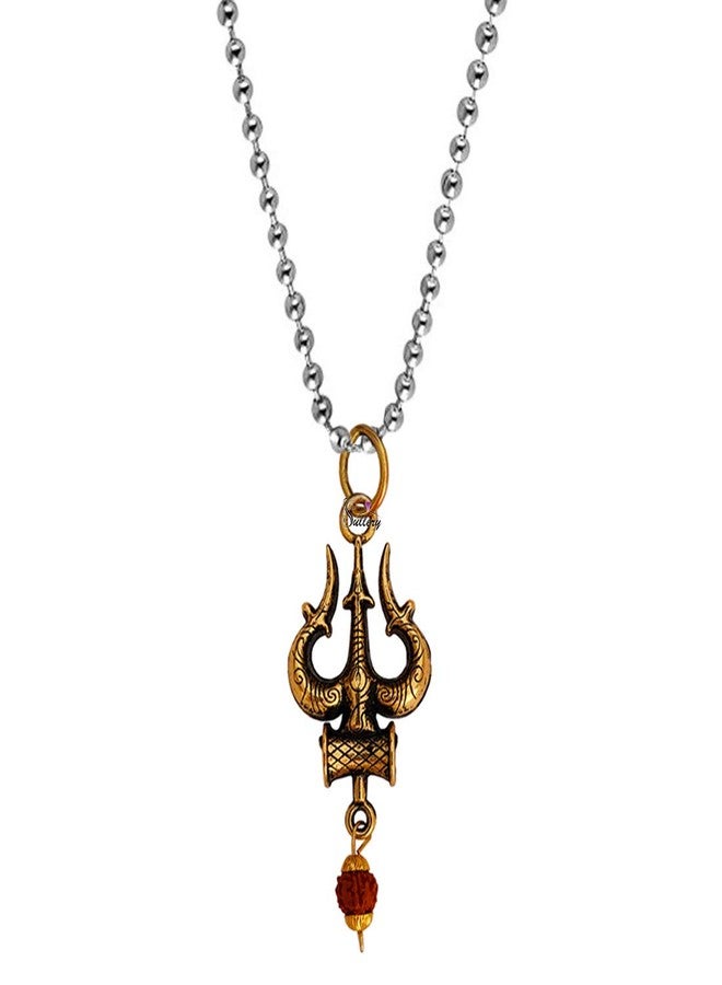 Sullery Lord Shiv Mahadev Trishul Damaru Word with Panchmukhi Rudhrasha Bead Locket with Chain Gold Brass Religious Spiritual Jewellery Pendant Necklace Chain for Men and Boys - Image 1