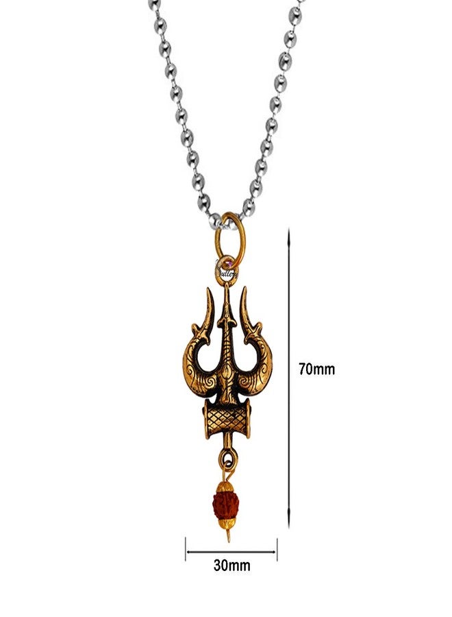 Sullery Lord Shiv Mahadev Trishul Damaru Word with Panchmukhi Rudhrasha Bead Locket with Chain Gold Brass Religious Spiritual Jewellery Pendant Necklace Chain for Men and Boys - Image 2